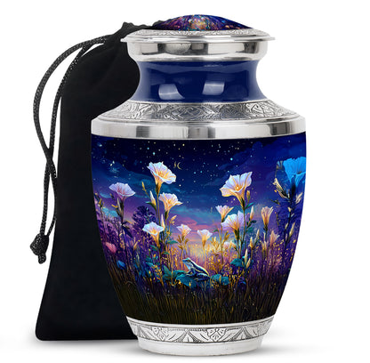Azure Frog Cremation Urn side profile showing urn shape - contemporary frog design with modern artistic flair - full-size 10 inch 200 cubic inch adult cremation urn