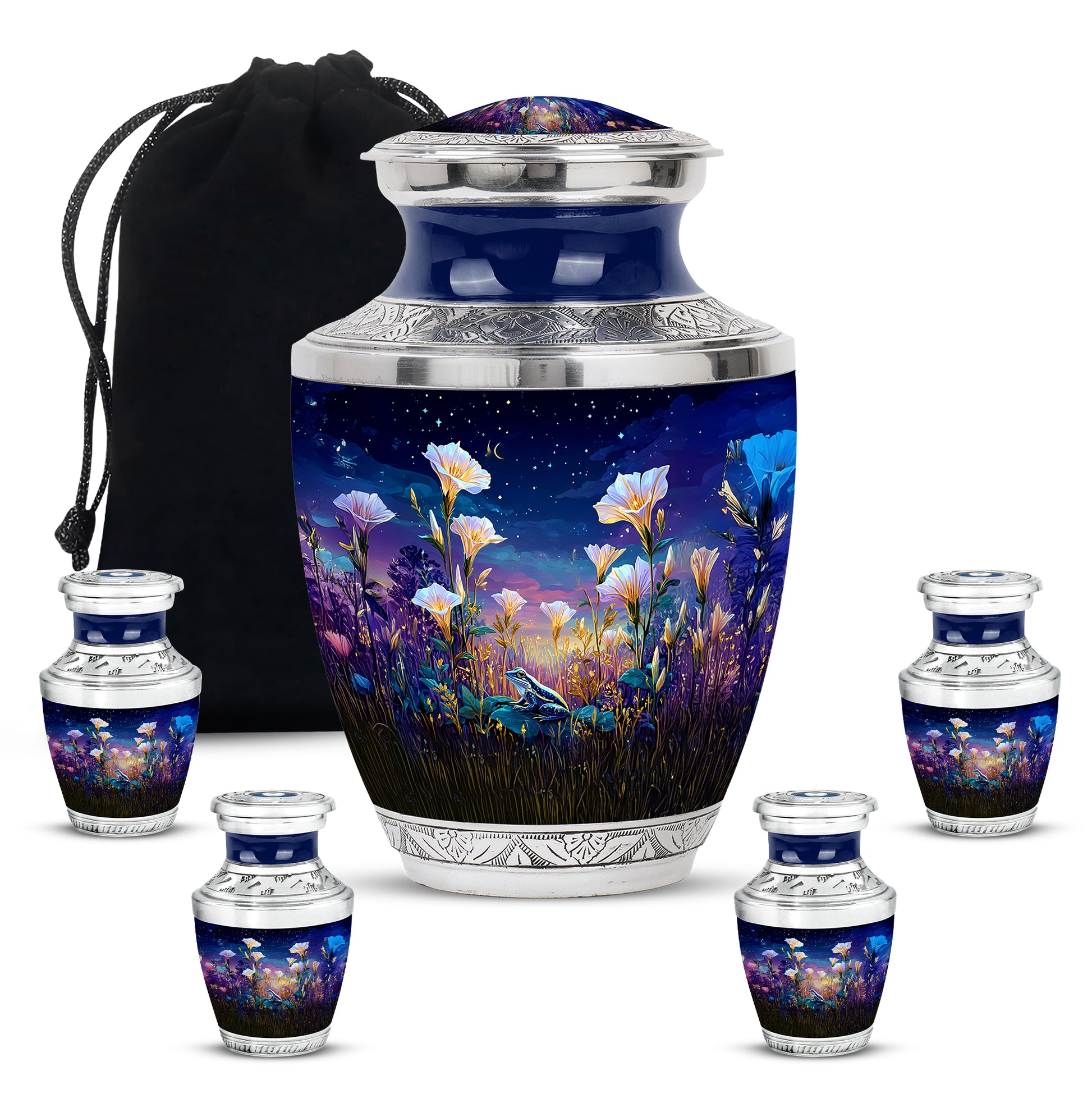 Bright Blue Frog Cremation Urn lifestyle display on memorial shelf - artistic frog interpretation with creative detail - memorial set with one large and four small urns