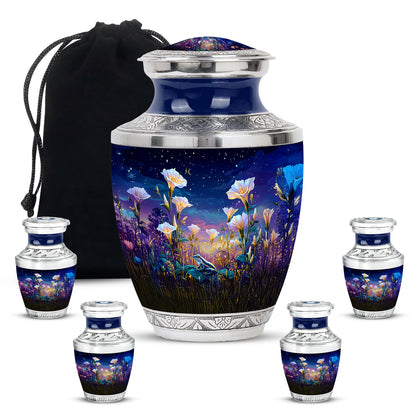 Bright Blue Frog Cremation Urn lifestyle display on memorial shelf - artistic frog interpretation with creative detail - memorial set with one large and four small urns
