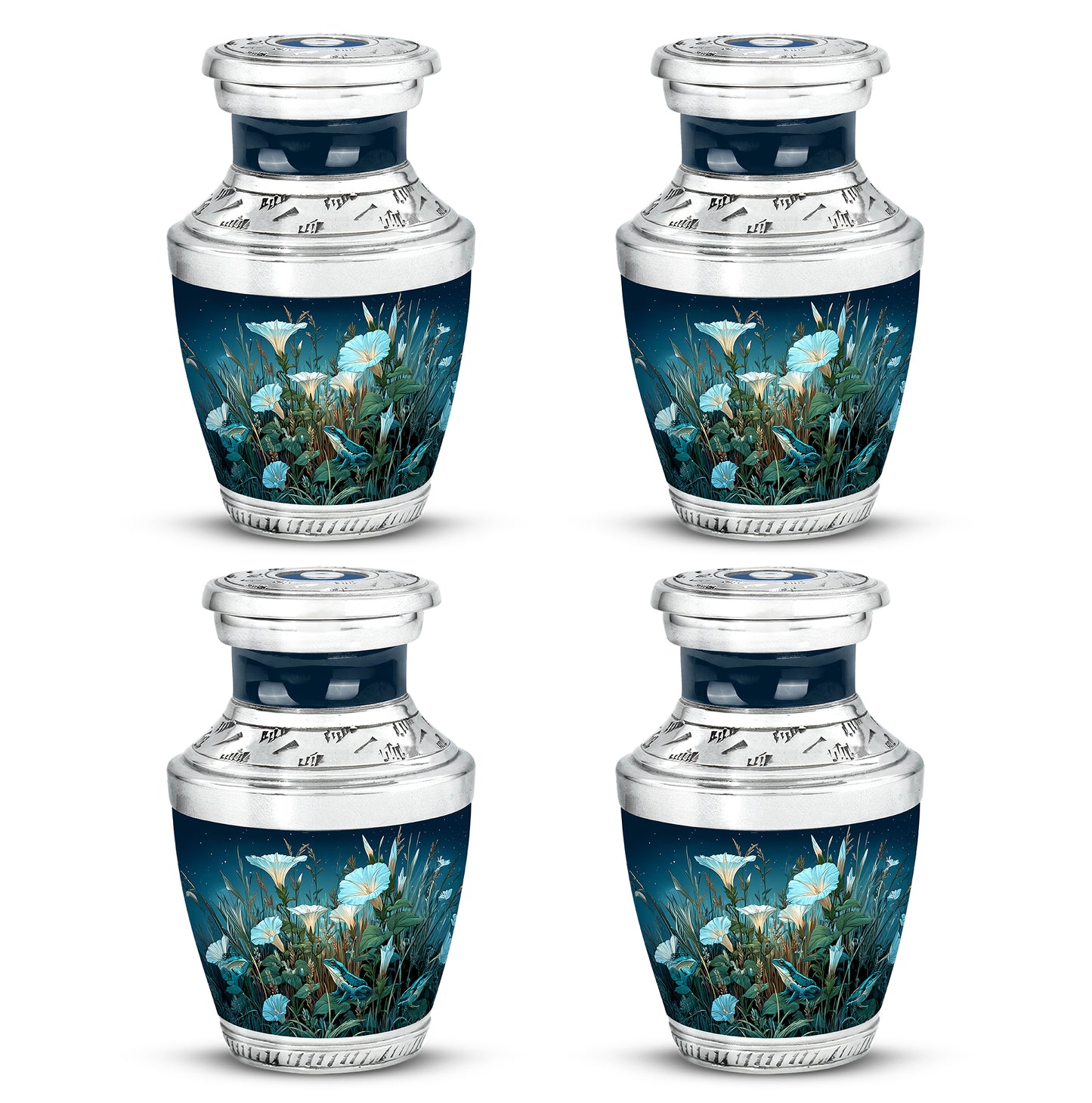 Indigo Frog Cremation Urn back view with polished surface - modern art-inspired frog motif on sleek aluminum - 10 inch aluminum urn for cremated remains