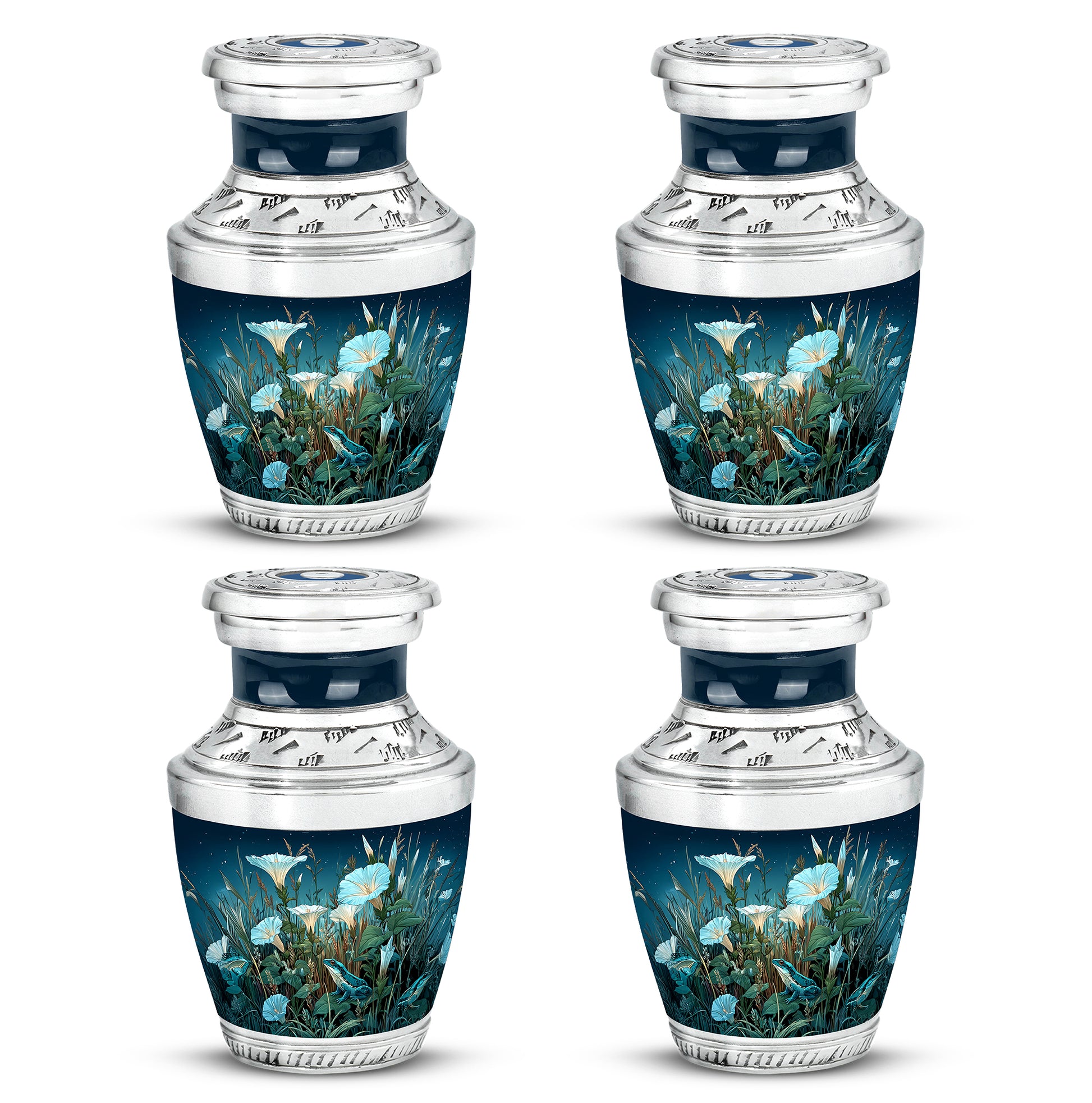 Indigo Frog Cremation Urn back view with polished surface - modern art-inspired frog motif on sleek aluminum - 10 inch aluminum urn for cremated remains