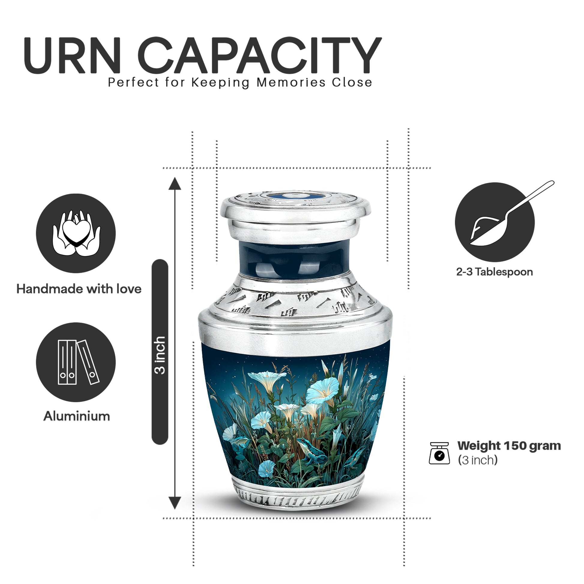 Celestial Blue Frog Cremation Urn top-down view of secure threaded lid - modern art-inspired frog motif on sleek aluminum - mini keepsake memorial for portion of cremation ashes