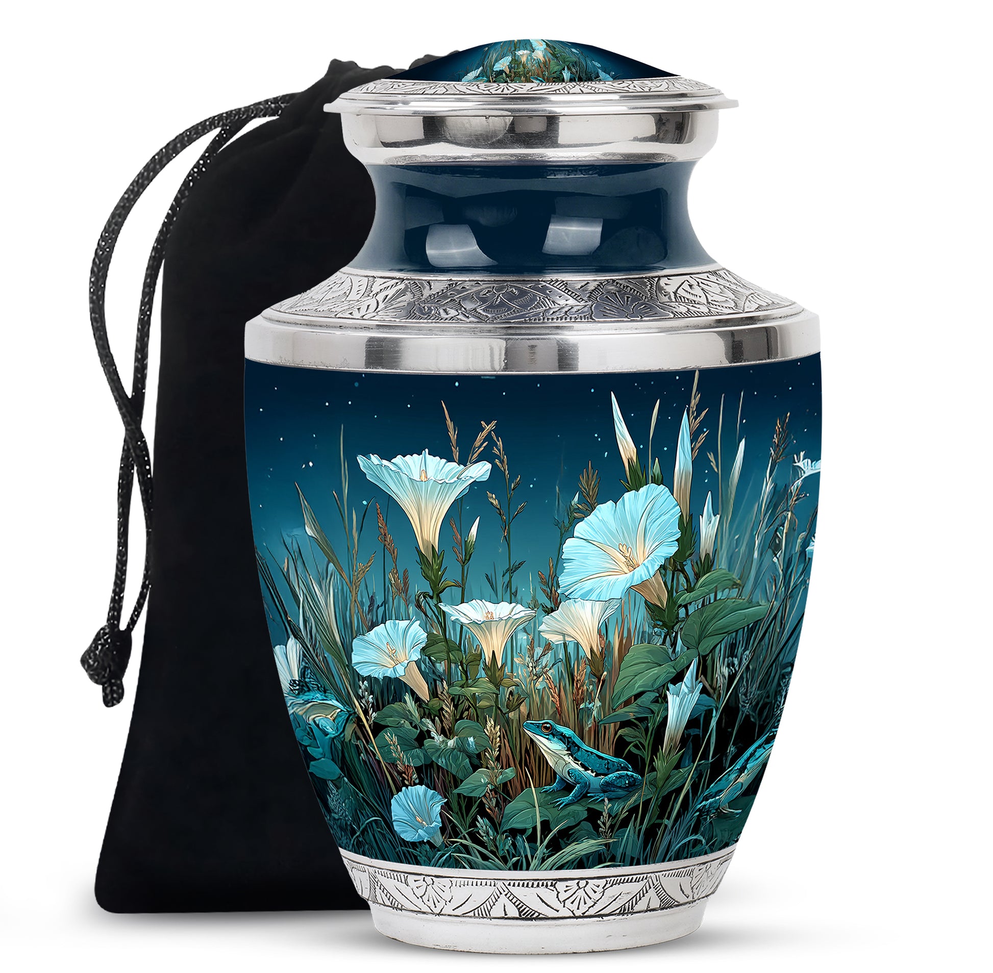 Vivid Blue Frog Cremation Urn side profile showing urn shape - artistic frog interpretation with creative detail - full-size 10 inch 200 cubic inch adult cremation urn