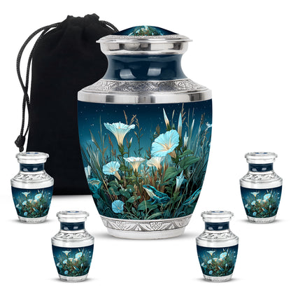 Twilight Blue Frog Cremation Urn lifestyle display on memorial shelf - artistic frog interpretation with creative detail - memorial set with one large and four small urns