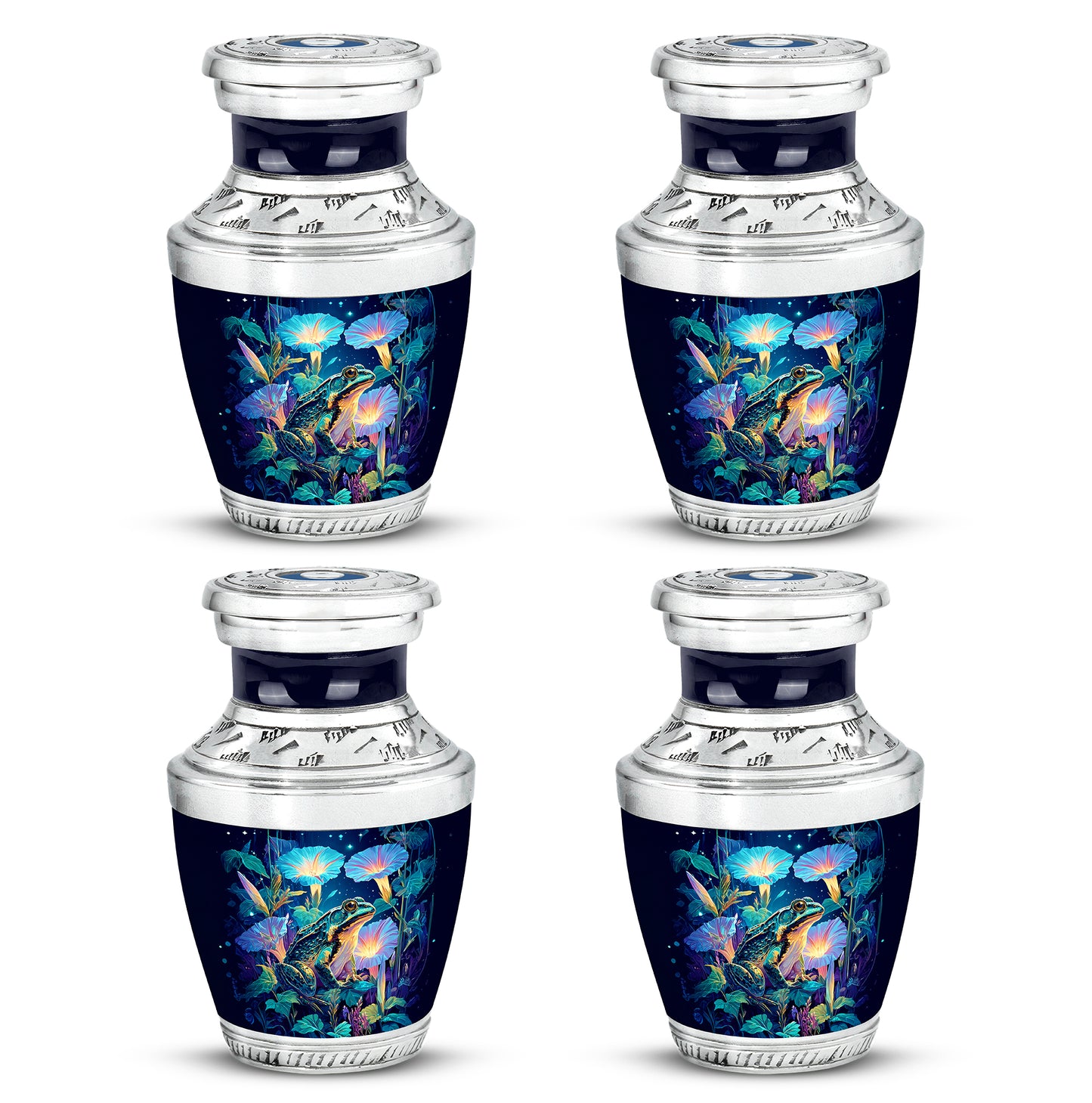 Bright Blue Frog Cremation Urn back view with polished surface - artistic frog interpretation with creative detail - 10 inch aluminum urn for cremated remains