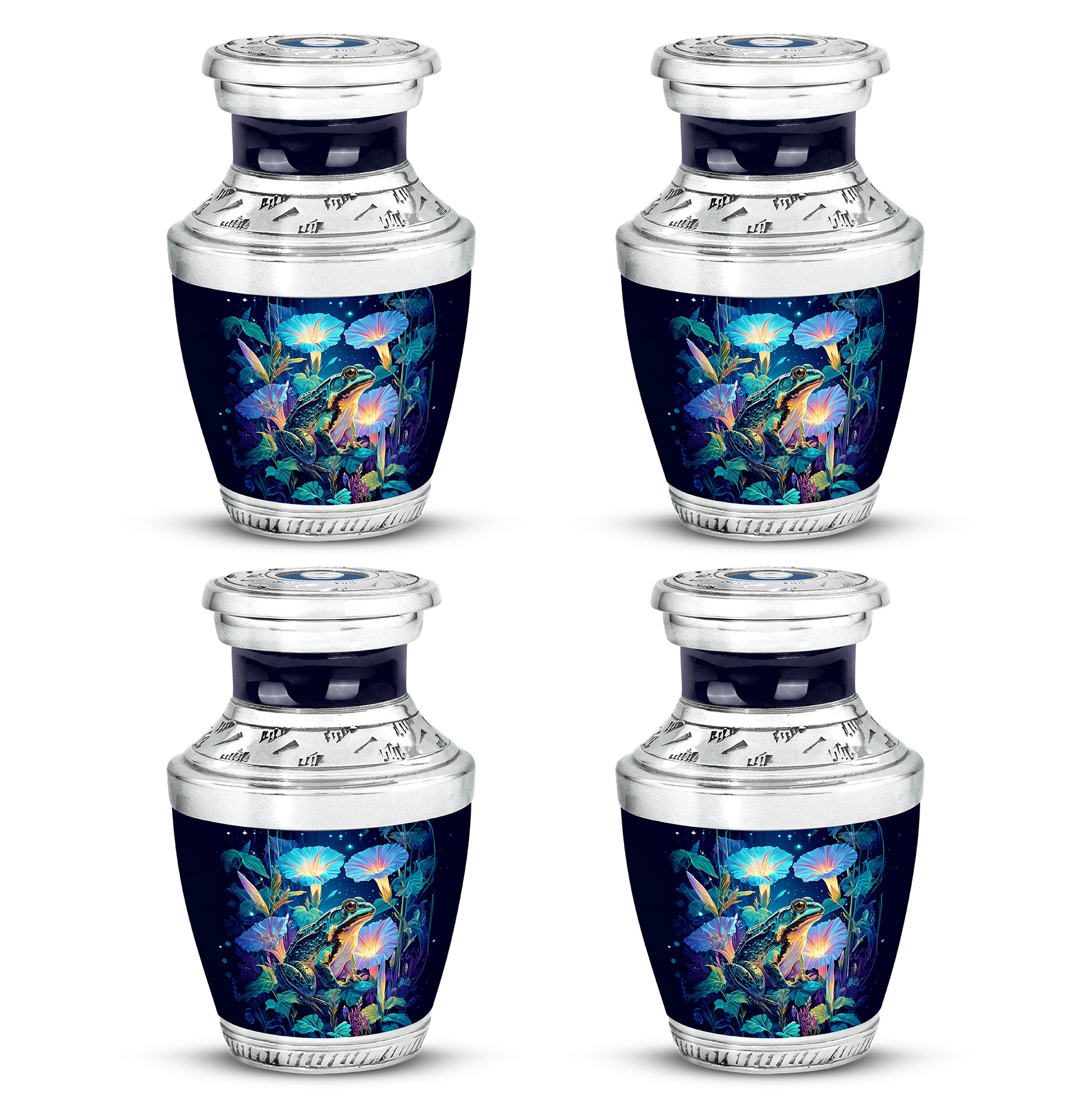 Bright Blue Frog Cremation Urn back view with polished surface - artistic frog interpretation with creative detail - 10 inch aluminum urn for cremated remains