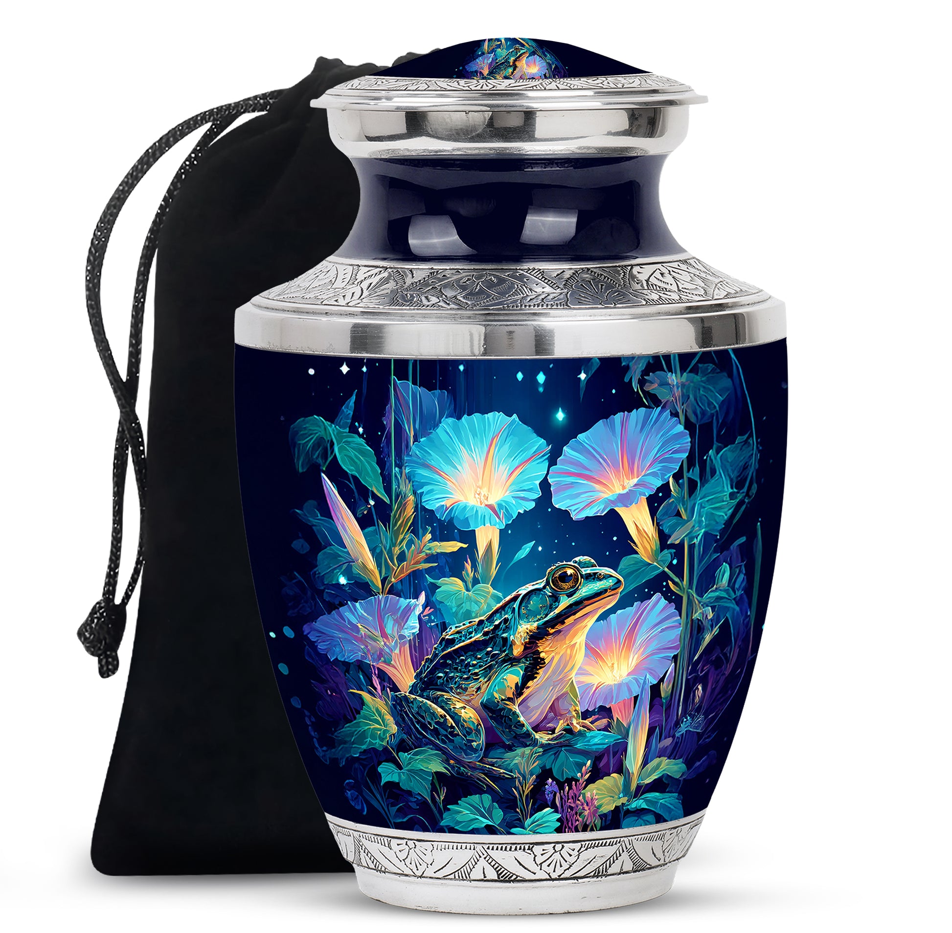 Misty Blue Frog Cremation Urn side profile showing urn shape - modern art-inspired frog motif on sleek aluminum - full-size 10 inch 200 cubic inch adult cremation urn