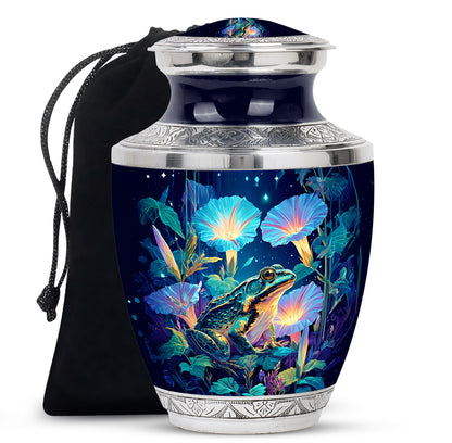Misty Blue Frog Cremation Urn side profile showing urn shape - modern art-inspired frog motif on sleek aluminum - full-size 10 inch 200 cubic inch adult cremation urn