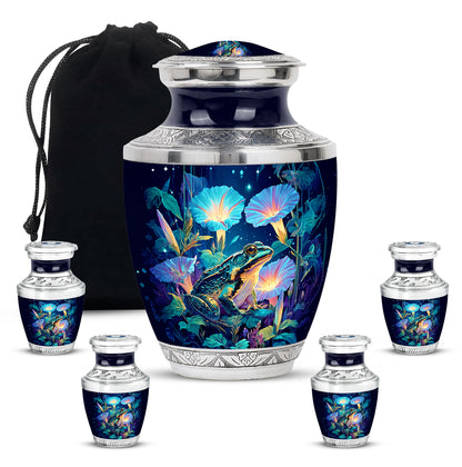 Pastel Blue Frog Cremation Urn lifestyle display on memorial shelf - contemporary frog design with modern artistic flair - memorial set with one large and four small urns
