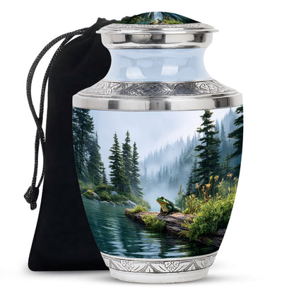Sterling Silver Frog Cremation Urn side profile showing urn shape - modern art-inspired frog motif on sleek aluminum - full-size 10 inch 200 cubic inch adult cremation urn