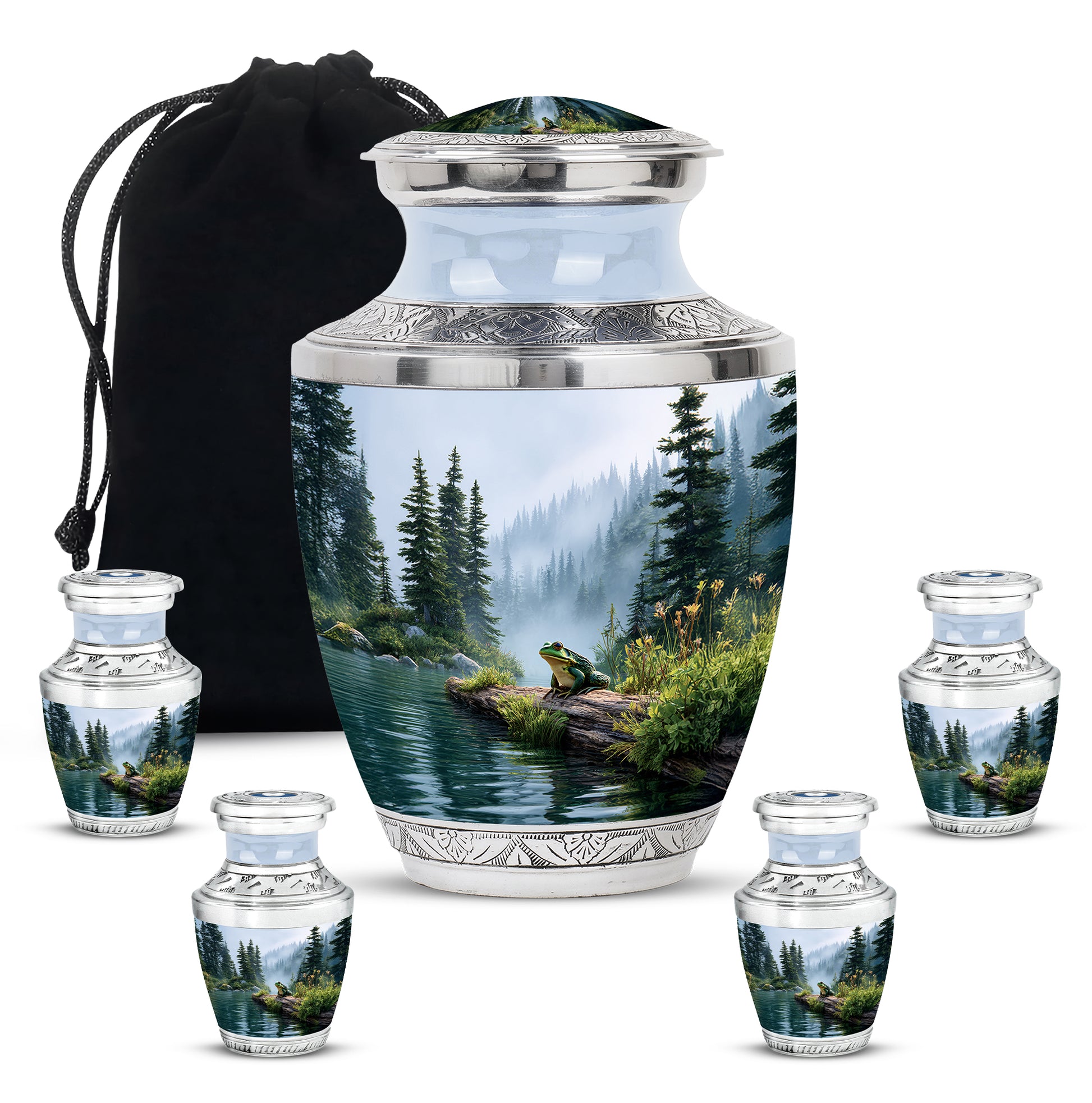 Polished Silver Frog Cremation Urn lifestyle display on memorial shelf - artistic frog interpretation with creative detail - memorial set with one large and four small urns