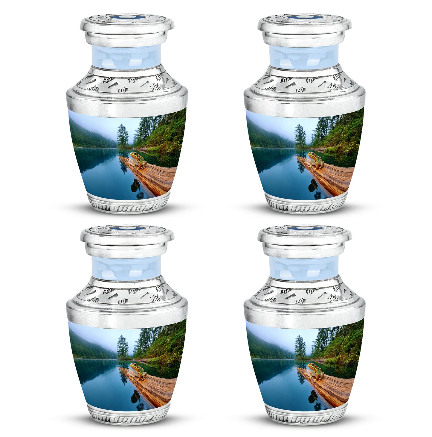 Celestial Blue Frog Cremation Urn back view with polished surface - modern art-inspired frog motif on sleek aluminum - 10 inch aluminum urn for cremated remains