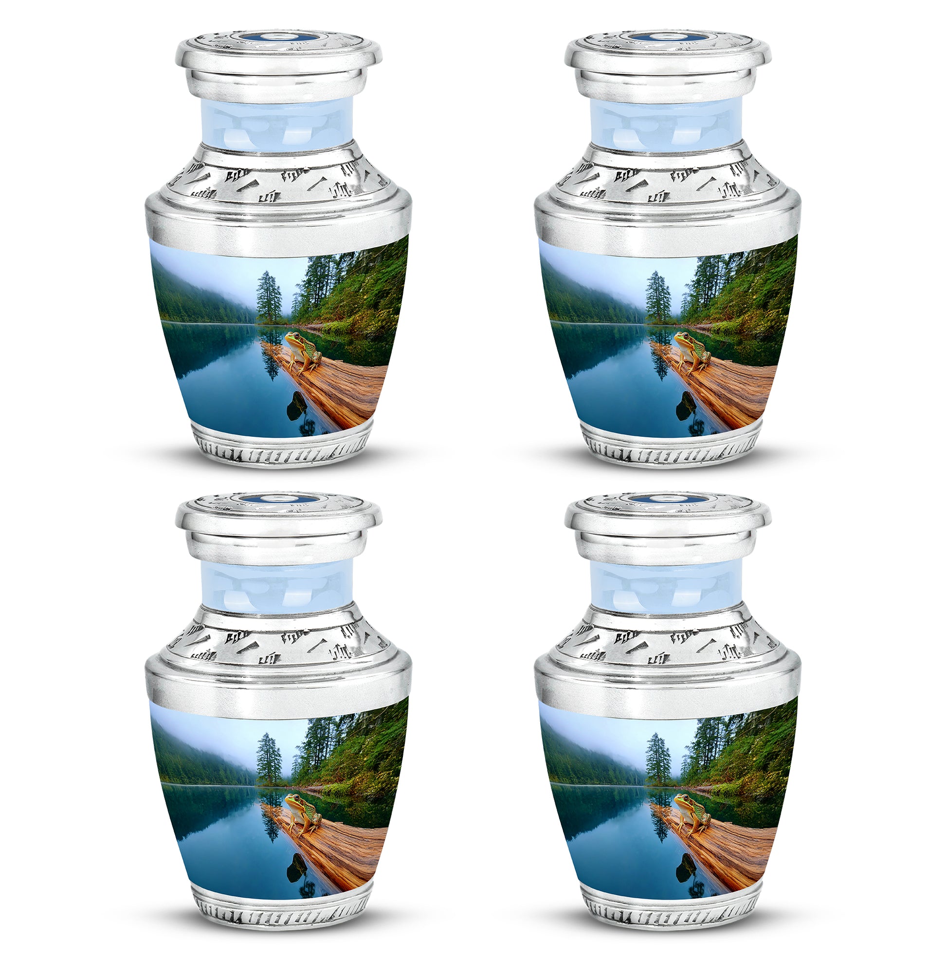 Celestial Blue Frog Cremation Urn back view with polished surface - modern art-inspired frog motif on sleek aluminum - 10 inch aluminum urn for cremated remains
