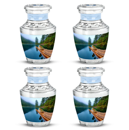Celestial Blue Frog Cremation Urn back view with polished surface - modern art-inspired frog motif on sleek aluminum - 10 inch aluminum urn for cremated remains