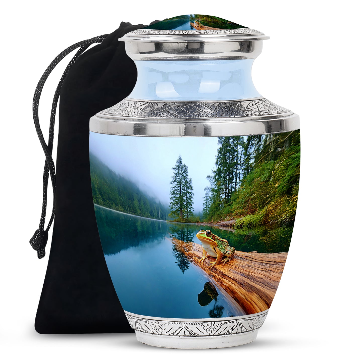 Serene Blue Frog Cremation Urn side profile showing urn shape - stylized abstract frog pattern with bold lines - full-size 10 inch 200 cubic inch adult cremation urn