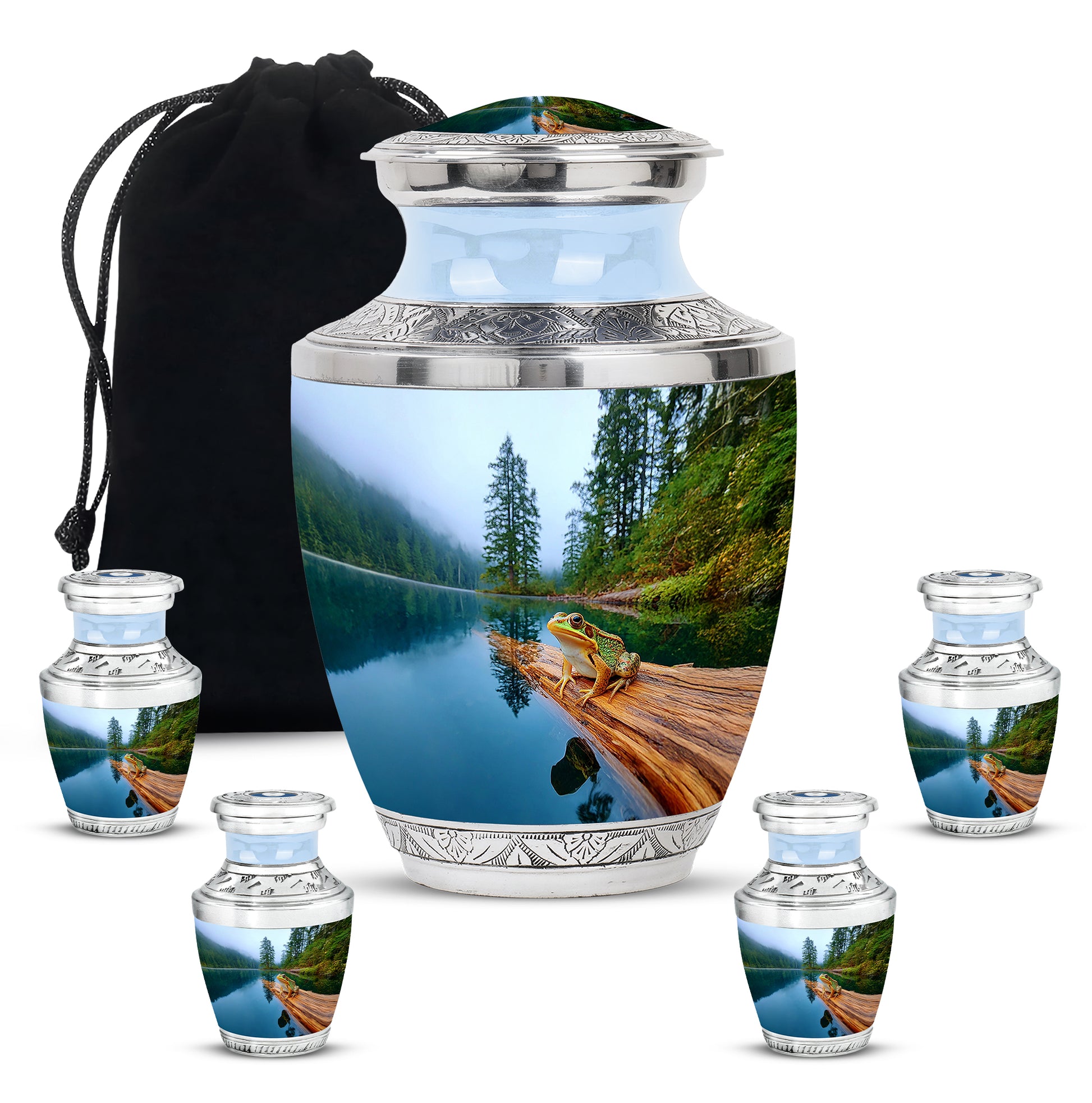 Cornflower Blue Frog Cremation Urn lifestyle display on memorial shelf - artistic frog interpretation with creative detail - memorial set with one large and four small urns