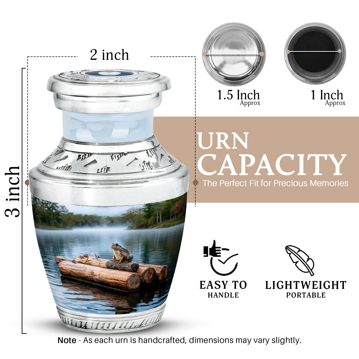 Platinum Silver Frog Cremation Urn top-down view of secure threaded lid - modern art-inspired frog motif on sleek aluminum - mini keepsake memorial for portion of cremation ashes