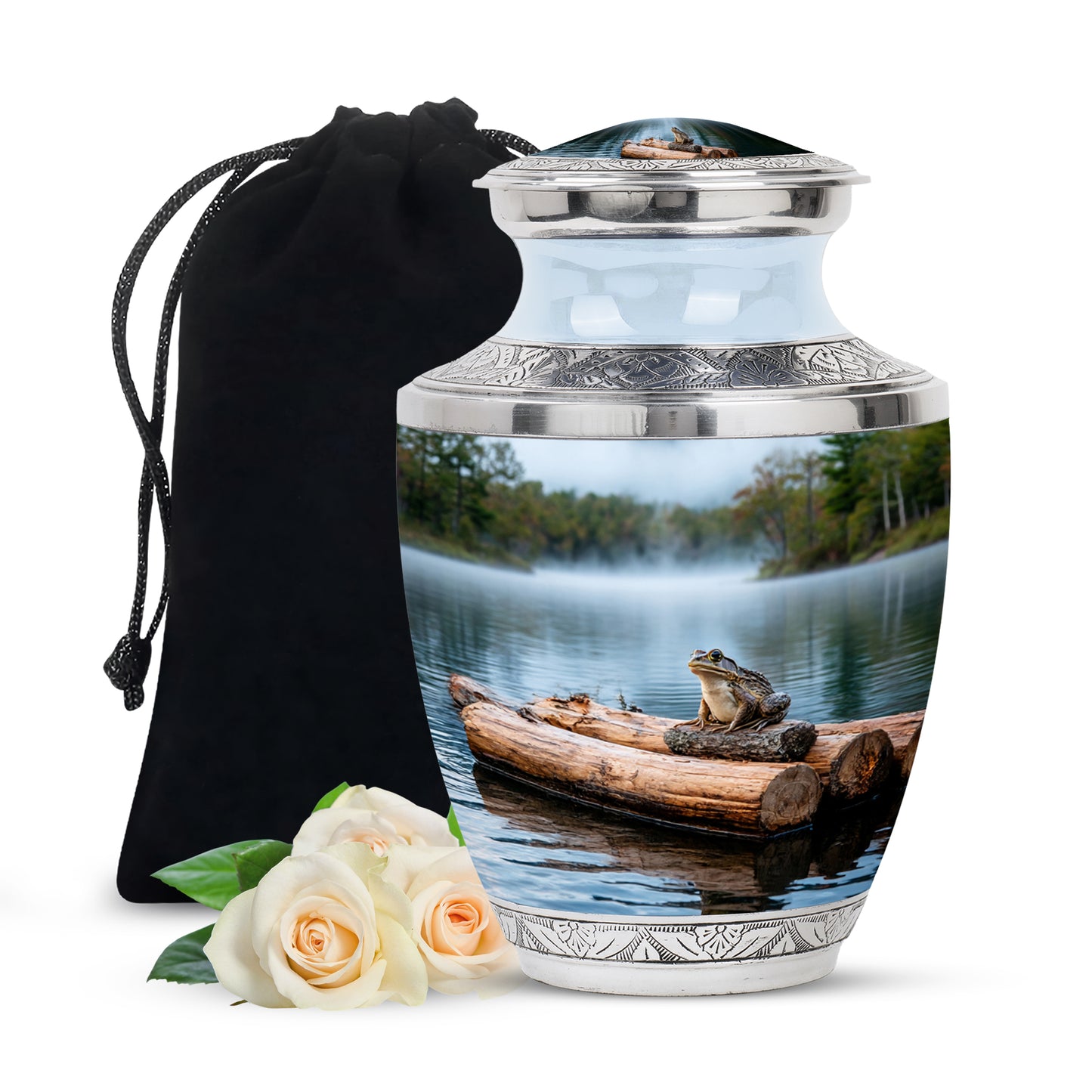 Satin Silver Frog Cremation Urn side profile showing urn shape - modern art-inspired frog motif on sleek aluminum - full-size 10 inch 200 cubic inch adult cremation urn