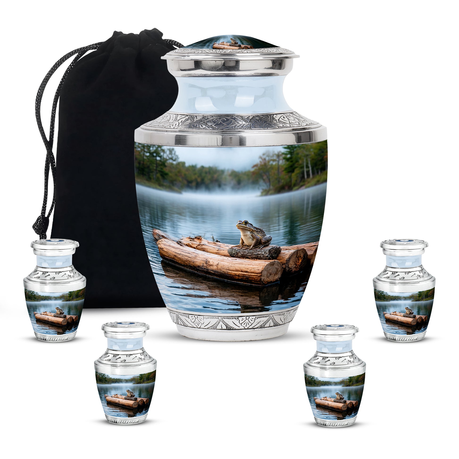 Sterling Silver Frog Cremation Urn lifestyle display on memorial shelf - contemporary frog design with modern artistic flair - memorial set with one large and four small urns