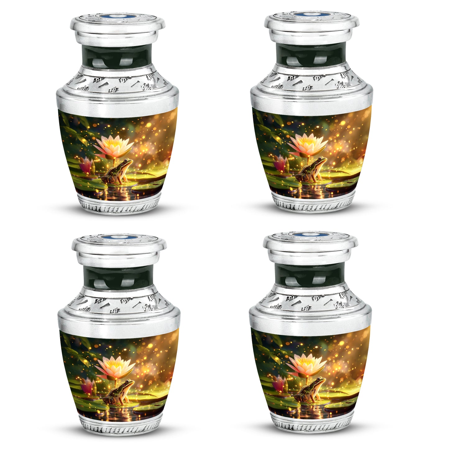 Amber Gold Frog Cremation Urn back view with polished surface - modern art-inspired frog motif on sleek aluminum - 10 inch aluminum urn for cremated remains