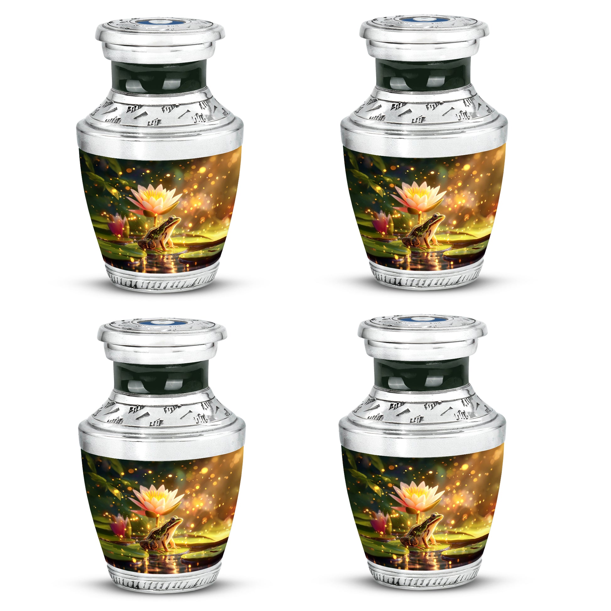 Amber Gold Frog Cremation Urn back view with polished surface - modern art-inspired frog motif on sleek aluminum - 10 inch aluminum urn for cremated remains