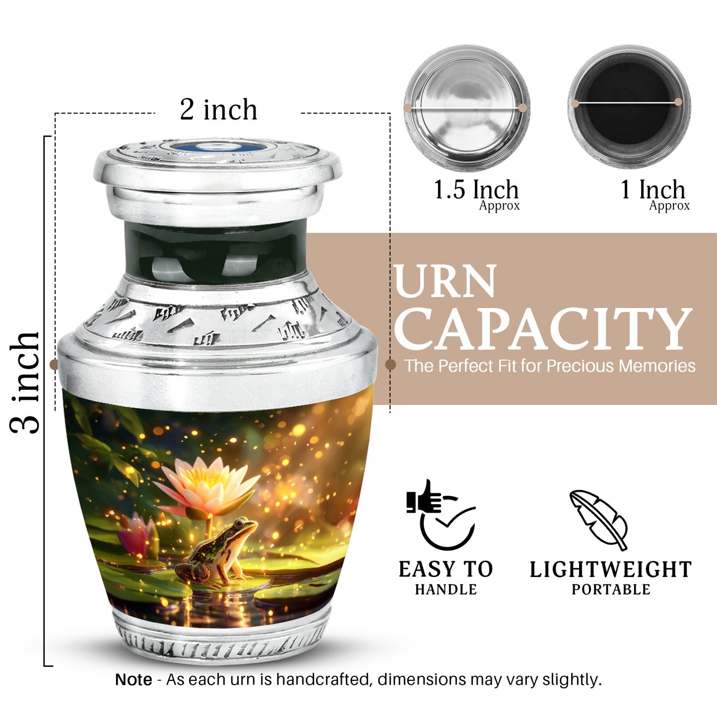 Royal Gold Frog Cremation Urn top-down view of secure threaded lid - artistic frog interpretation with creative detail - mini keepsake memorial for portion of cremation ashes