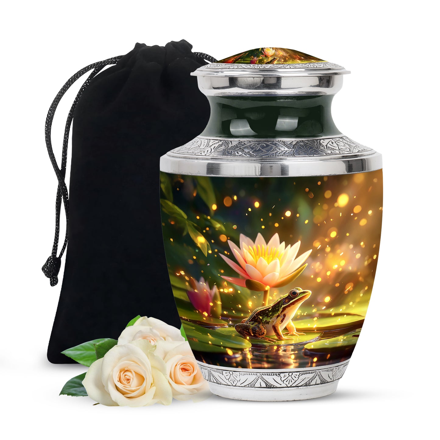 Champagne Gold Frog Cremation Urn side profile showing urn shape - modern art-inspired frog motif on sleek aluminum - full-size 10 inch 200 cubic inch adult cremation urn