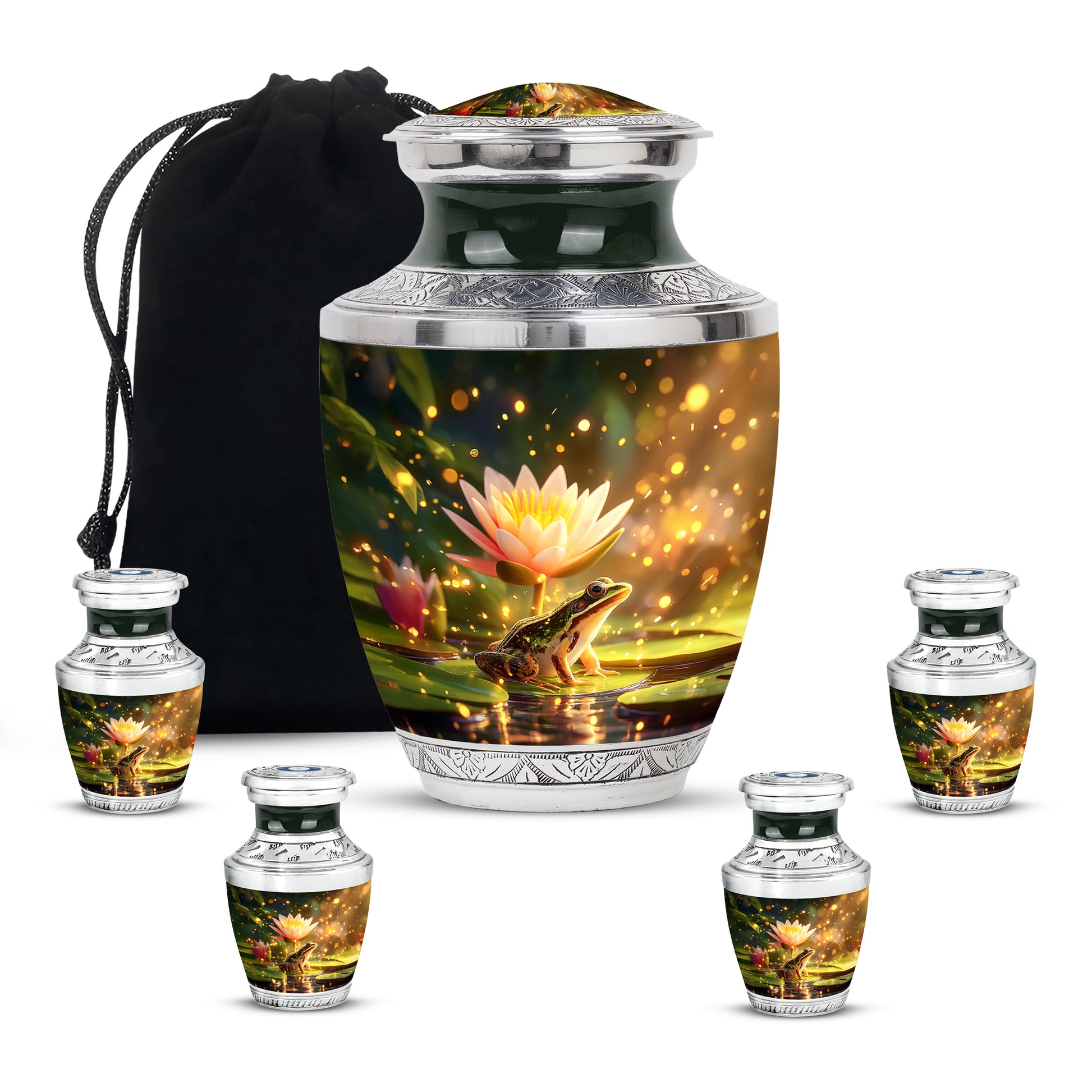 Sunrise Gold Frog Cremation Urn lifestyle display on memorial shelf - modern art-inspired frog motif on sleek aluminum - memorial set with one large and four small urns