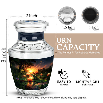 Sapphire Blue Frog Cremation Urn top-down view of secure threaded lid - artistic frog interpretation with creative detail - mini keepsake memorial for portion of cremation ashes
