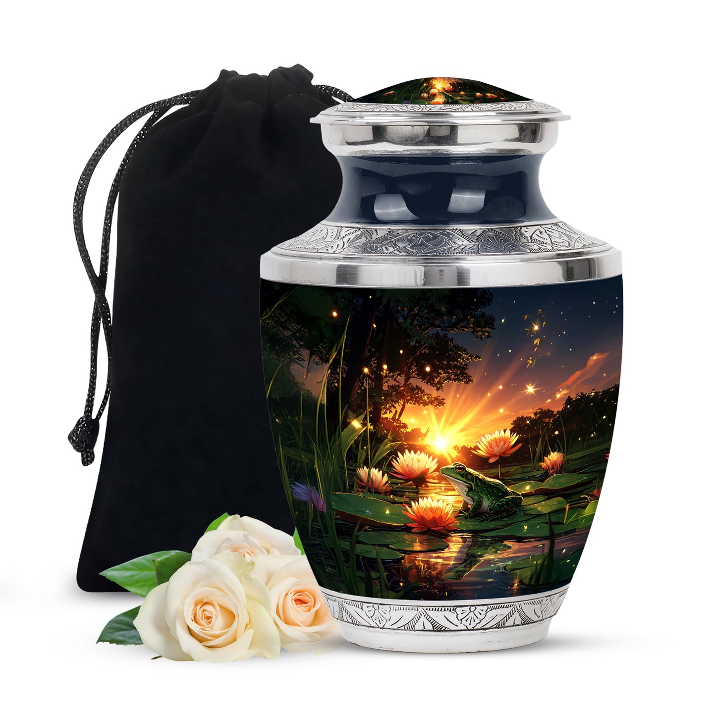 Sky Blue Frog Cremation Urn side profile showing urn shape - modern art-inspired frog motif on sleek aluminum - full-size 10 inch 200 cubic inch adult cremation urn