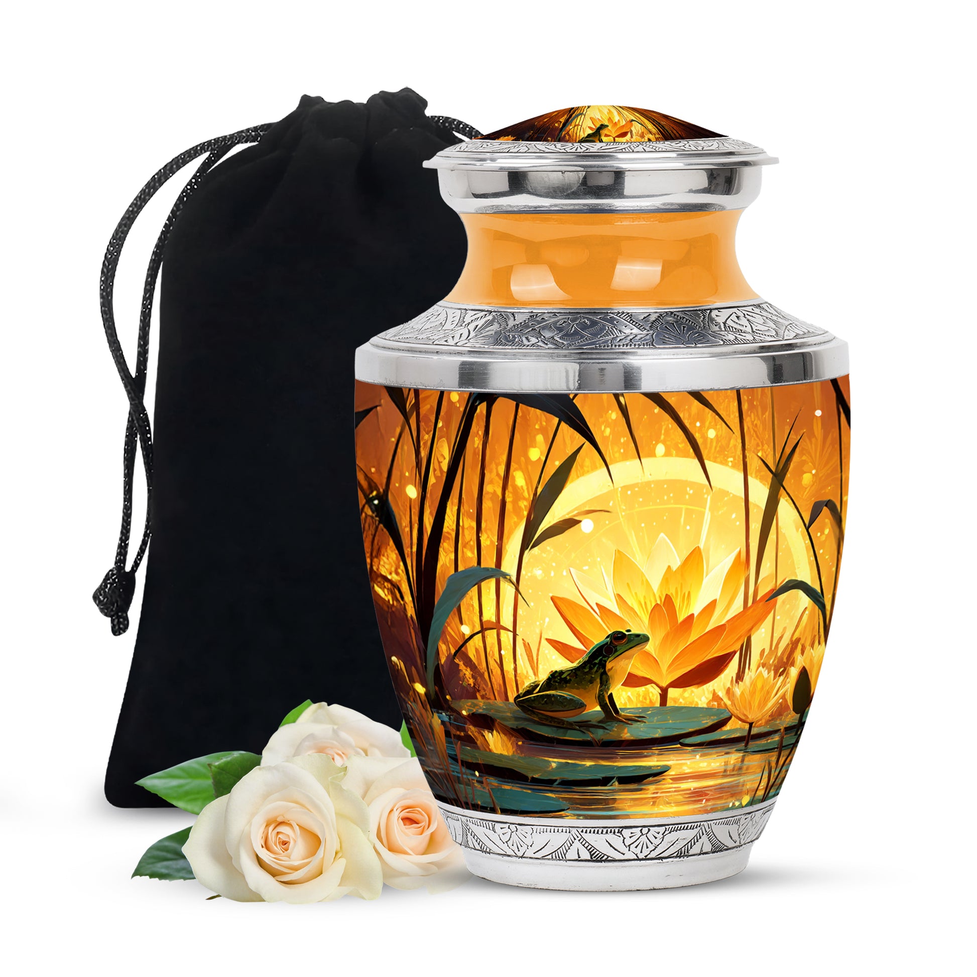 Champagne Gold Frog Cremation Urn side profile showing urn shape - contemporary frog design with modern artistic flair - full-size 10 inch 200 cubic inch adult cremation urn