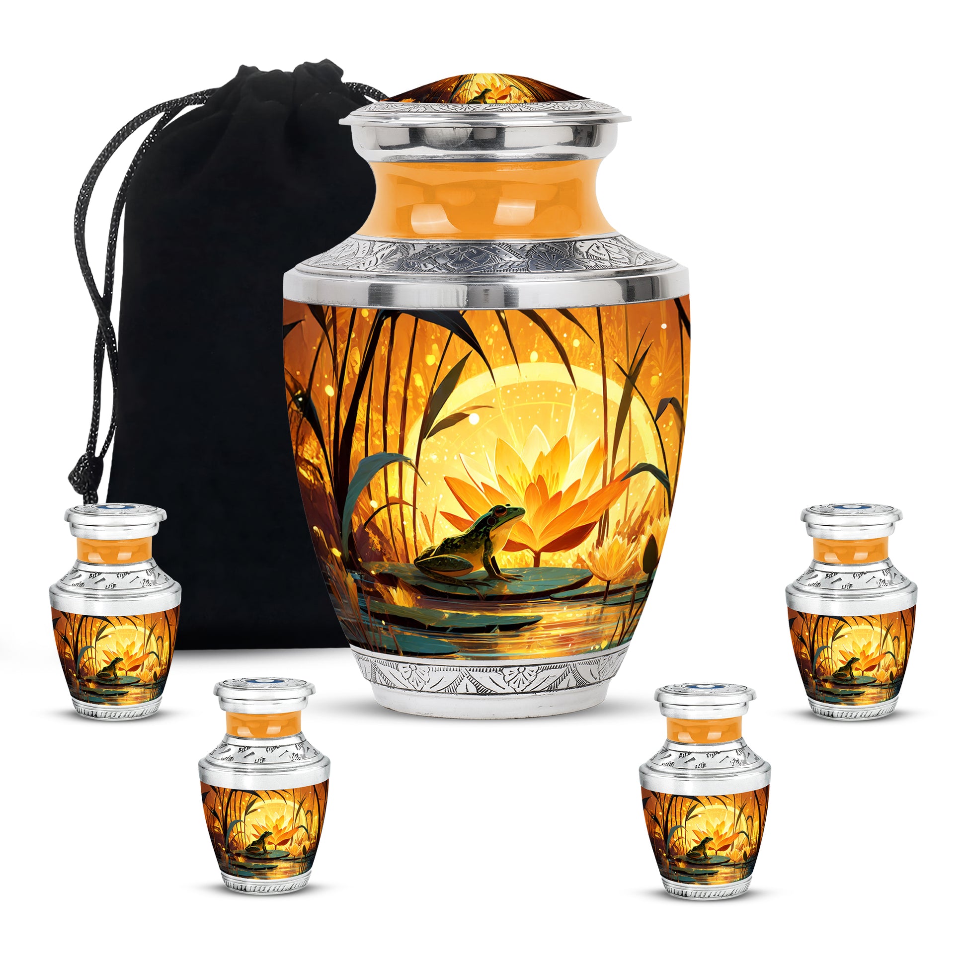 Champagne Gold Frog Cremation Urn lifestyle display on memorial shelf - contemporary frog design with modern artistic flair - memorial set with one large and four small urns