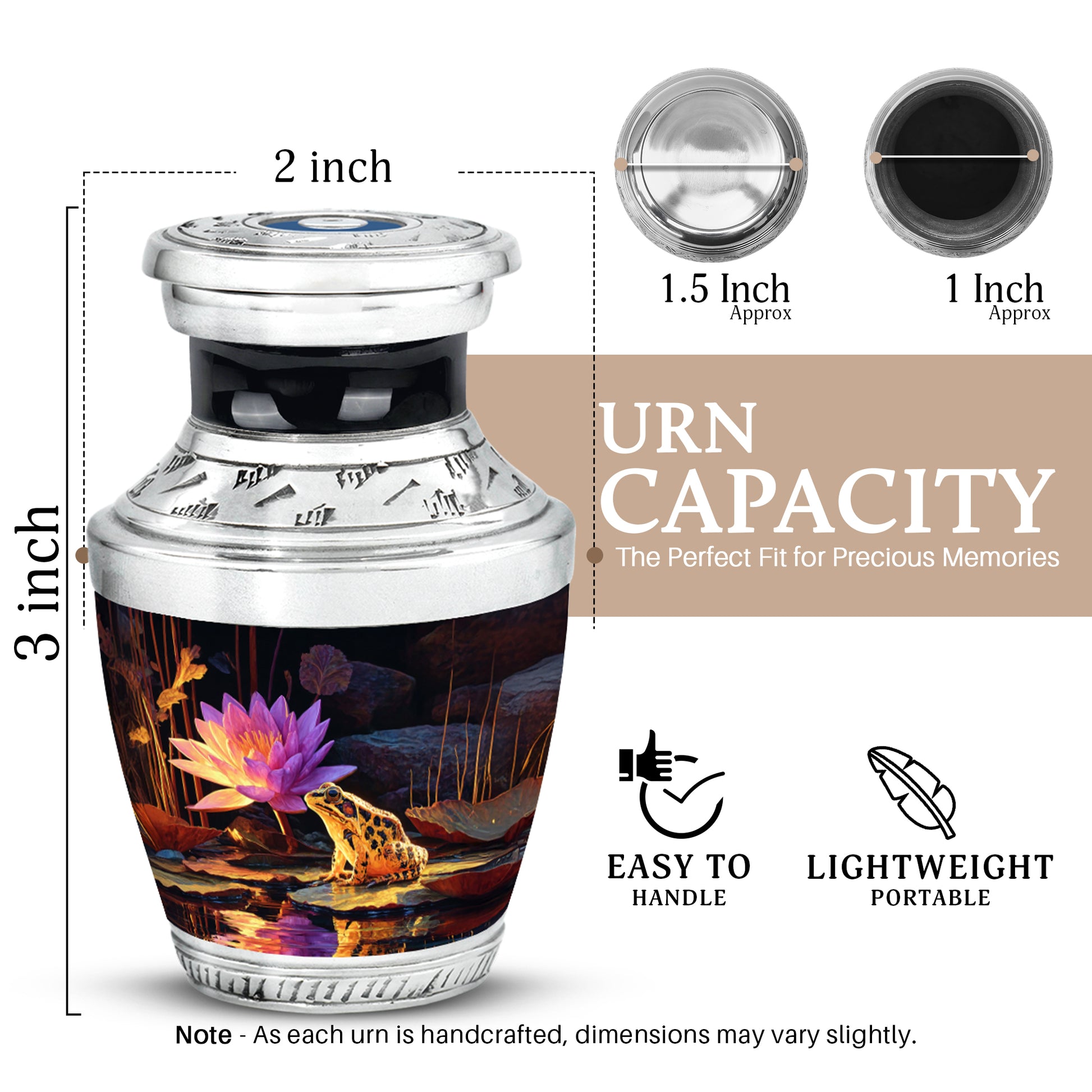Jet Black Frog Cremation Urn top-down view of secure threaded lid - contemporary frog design with modern artistic flair - mini keepsake memorial for portion of cremation ashes