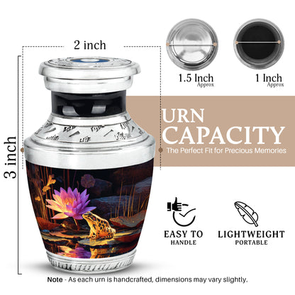Jet Black Frog Cremation Urn top-down view of secure threaded lid - contemporary frog design with modern artistic flair - mini keepsake memorial for portion of cremation ashes