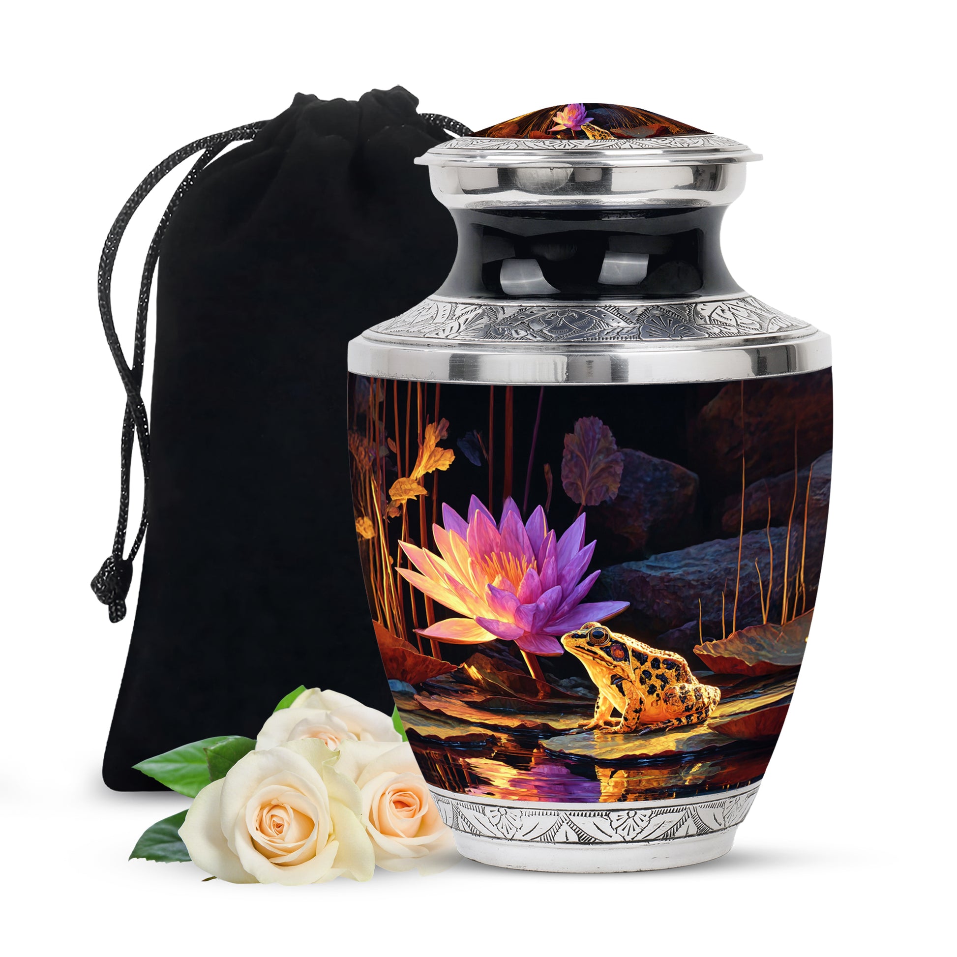 Rich Black Frog Cremation Urn side profile showing urn shape - modern art-inspired frog motif on sleek aluminum - full-size 10 inch 200 cubic inch adult cremation urn