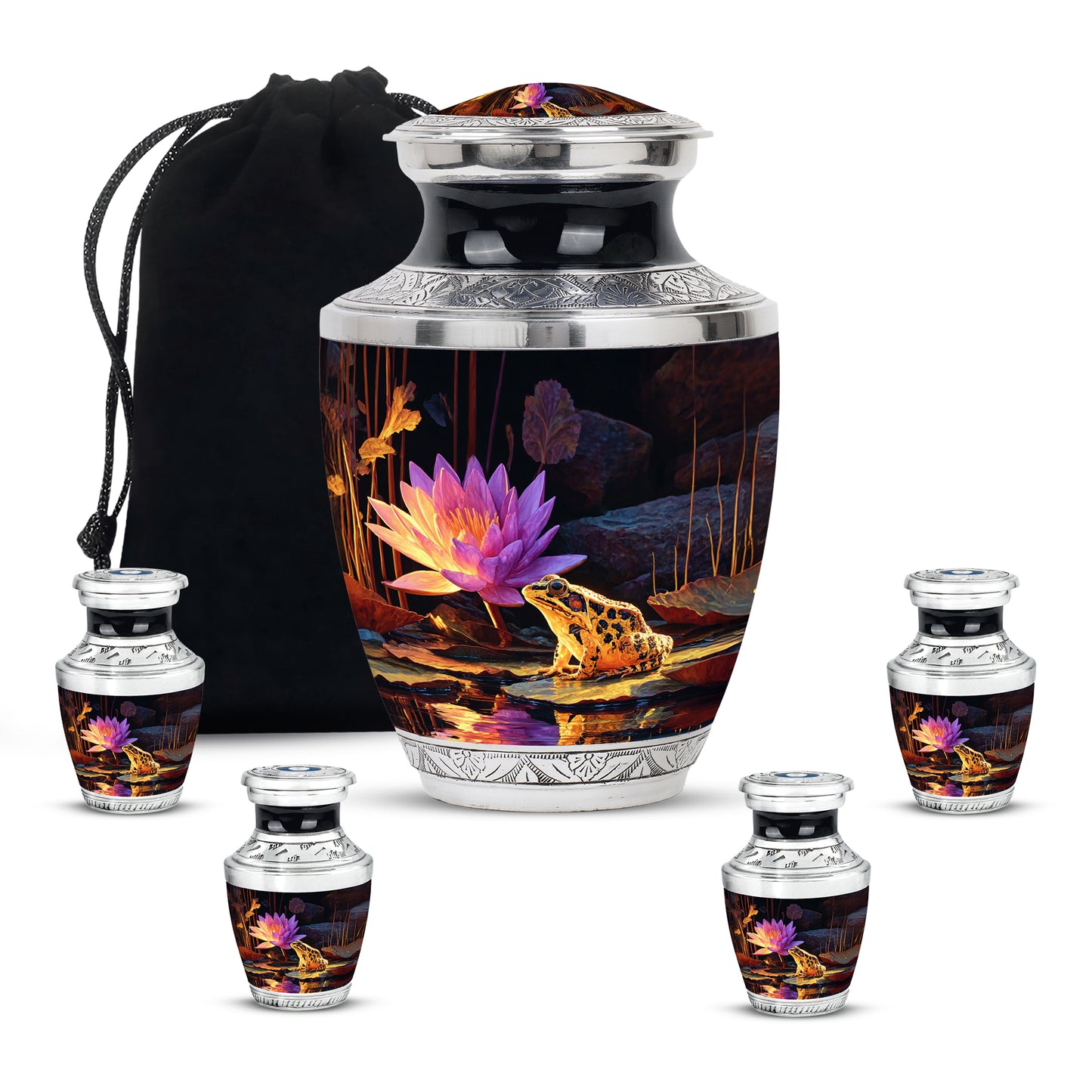 Ebony Frog Cremation Urn lifestyle display on memorial shelf - modern art-inspired frog motif on sleek aluminum - memorial set with one large and four small urns