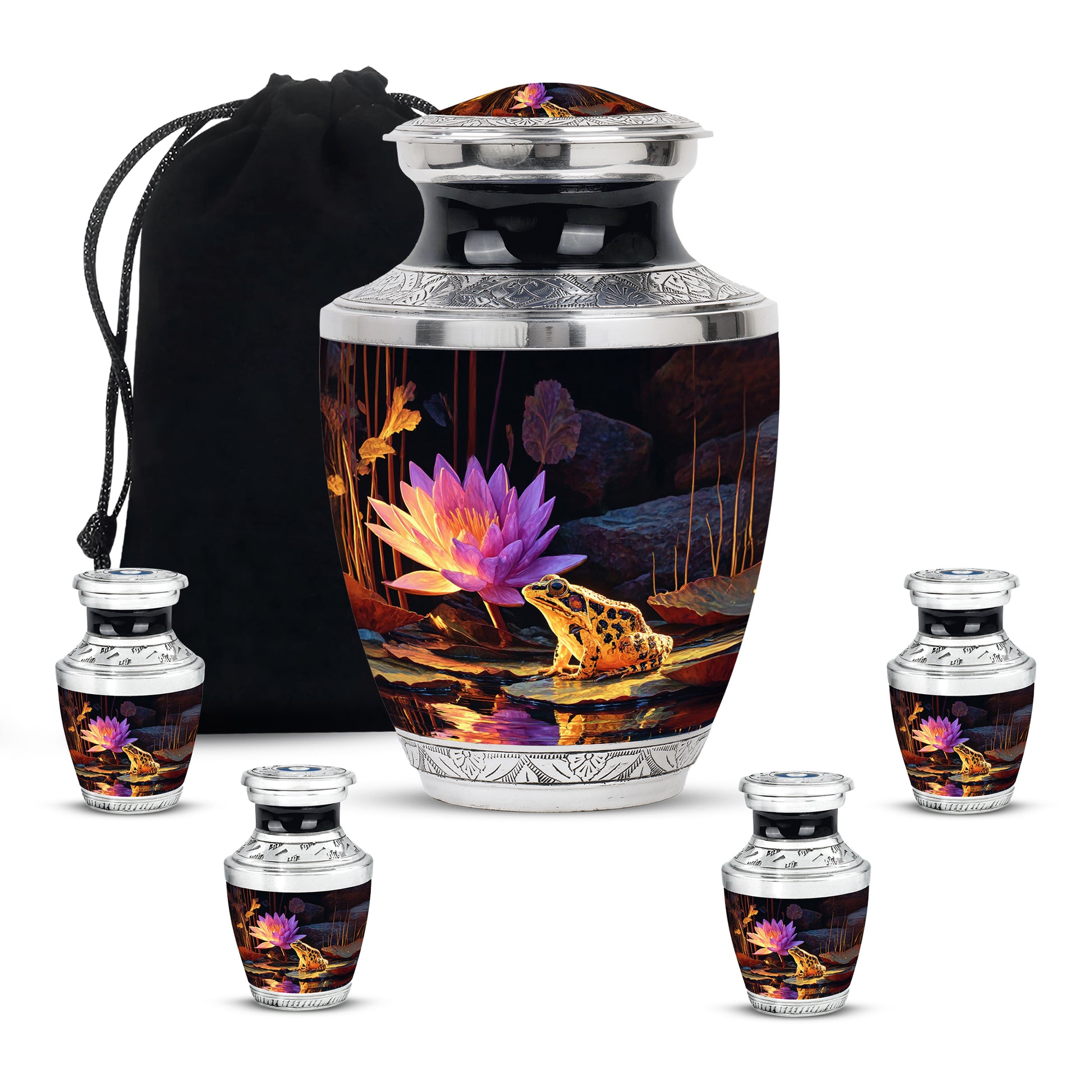 Ebony Frog Cremation Urn lifestyle display on memorial shelf - modern art-inspired frog motif on sleek aluminum - memorial set with one large and four small urns