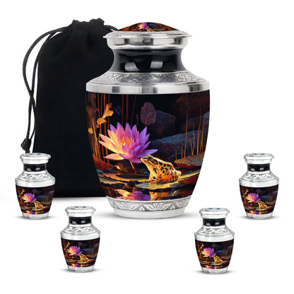Ebony Frog Cremation Urn lifestyle display on memorial shelf - modern art-inspired frog motif on sleek aluminum - memorial set with one large and four small urns