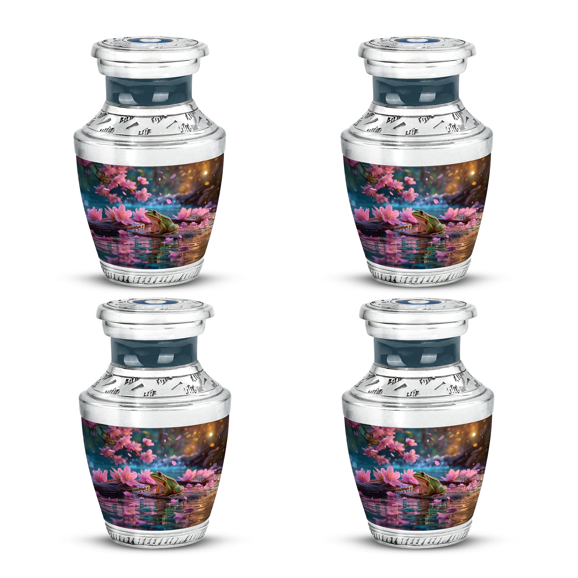 Ruby Red Frog Cremation Urn back view with polished surface - stylized abstract frog pattern with bold lines - 10 inch aluminum urn for cremated remains