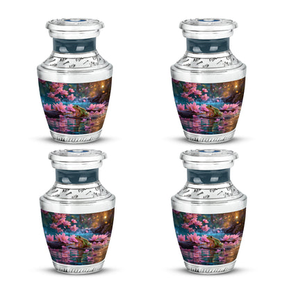 Ruby Red Frog Cremation Urn back view with polished surface - stylized abstract frog pattern with bold lines - 10 inch aluminum urn for cremated remains