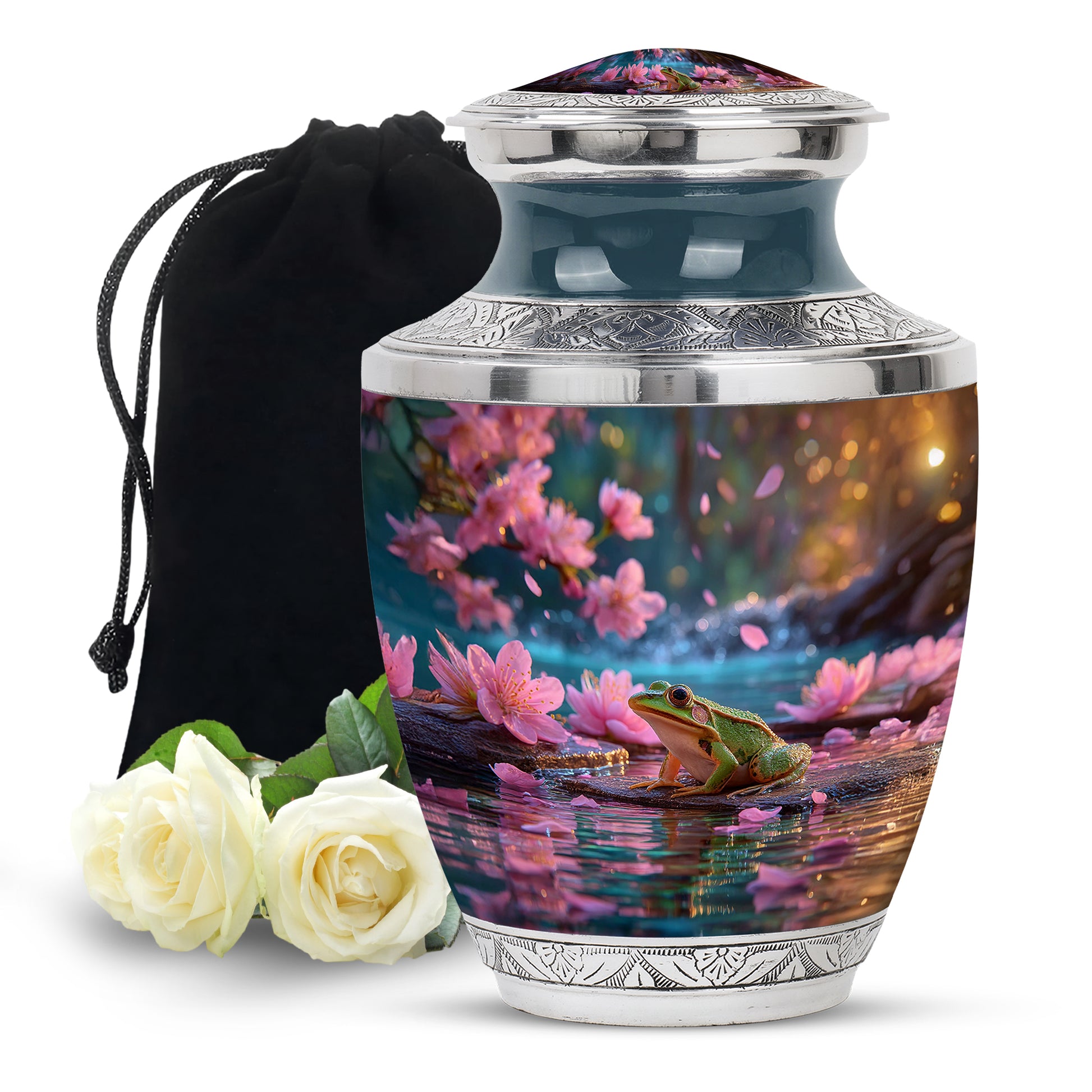 Deep Red Frog Cremation Urn side profile showing urn shape - contemporary frog design with modern artistic flair - full-size 10 inch 200 cubic inch adult cremation urn