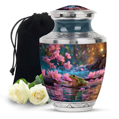 Deep Red Frog Cremation Urn side profile showing urn shape - contemporary frog design with modern artistic flair - full-size 10 inch 200 cubic inch adult cremation urn