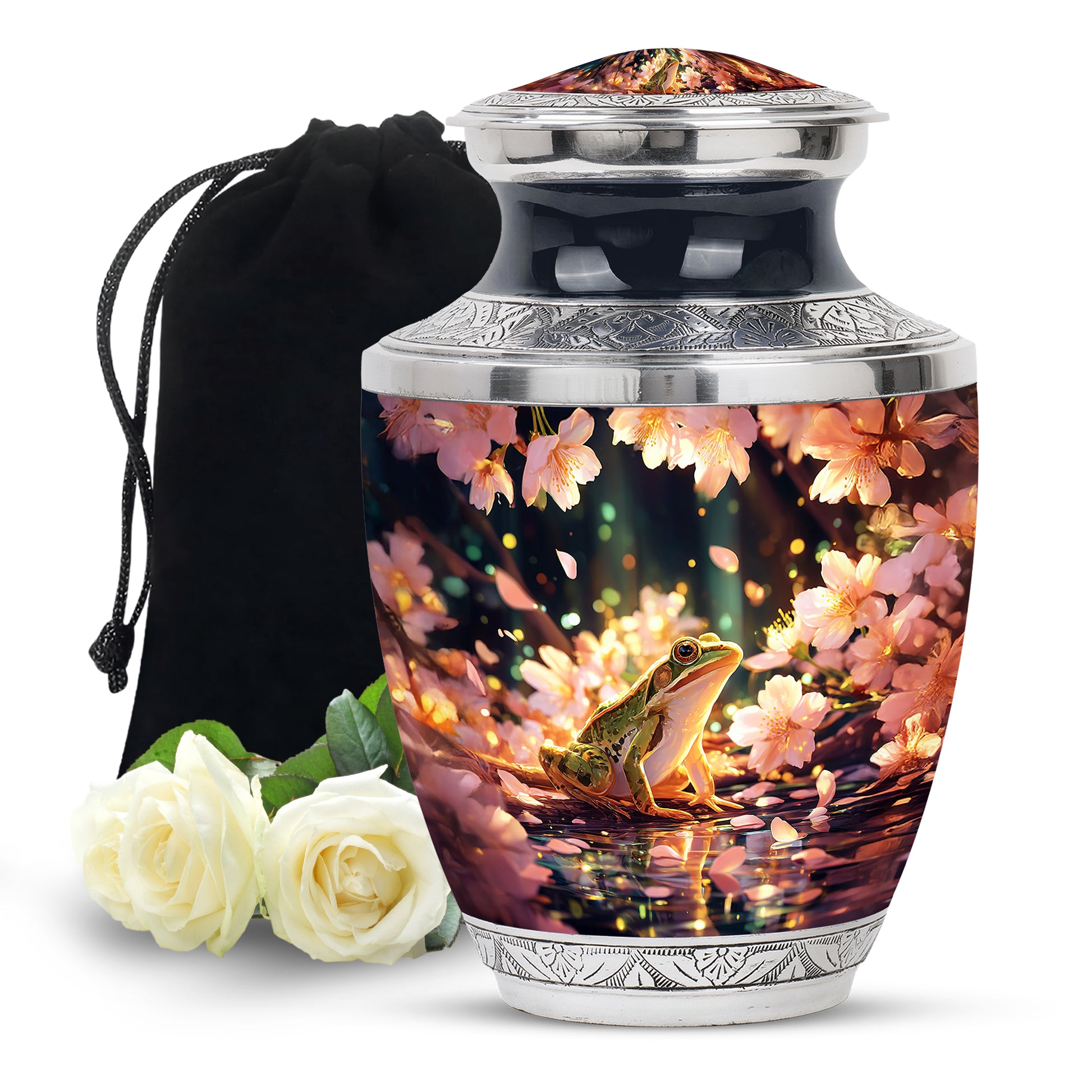 Royal Gold Frog Cremation Urn side profile showing urn shape - stylized abstract frog pattern with bold lines - full-size 10 inch 200 cubic inch adult cremation urn