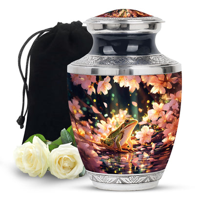 Royal Gold Frog Cremation Urn side profile showing urn shape - stylized abstract frog pattern with bold lines - full-size 10 inch 200 cubic inch adult cremation urn