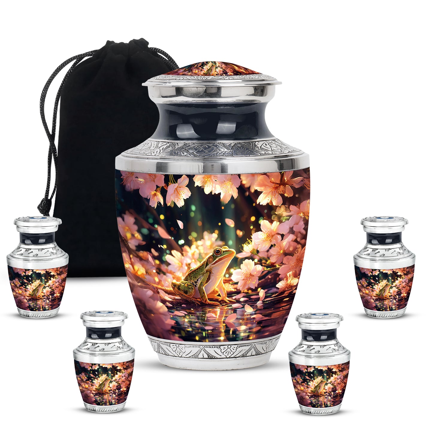 Sunrise Gold Frog Cremation Urn lifestyle display on memorial shelf - contemporary frog design with modern artistic flair - memorial set with one large and four small urns