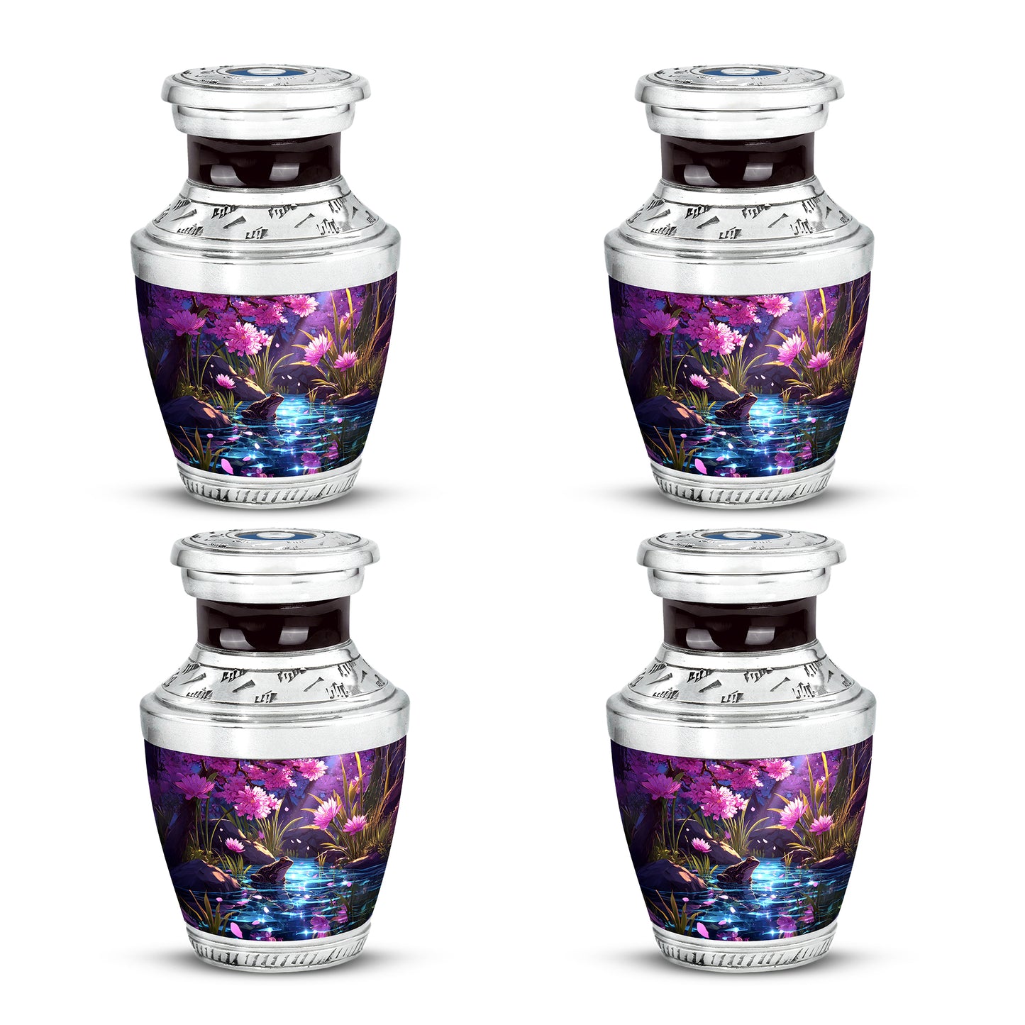 Vintage Pink Frog Cremation Urn back view with polished surface - stylized abstract frog pattern with bold lines - 10 inch aluminum urn for cremated remains
