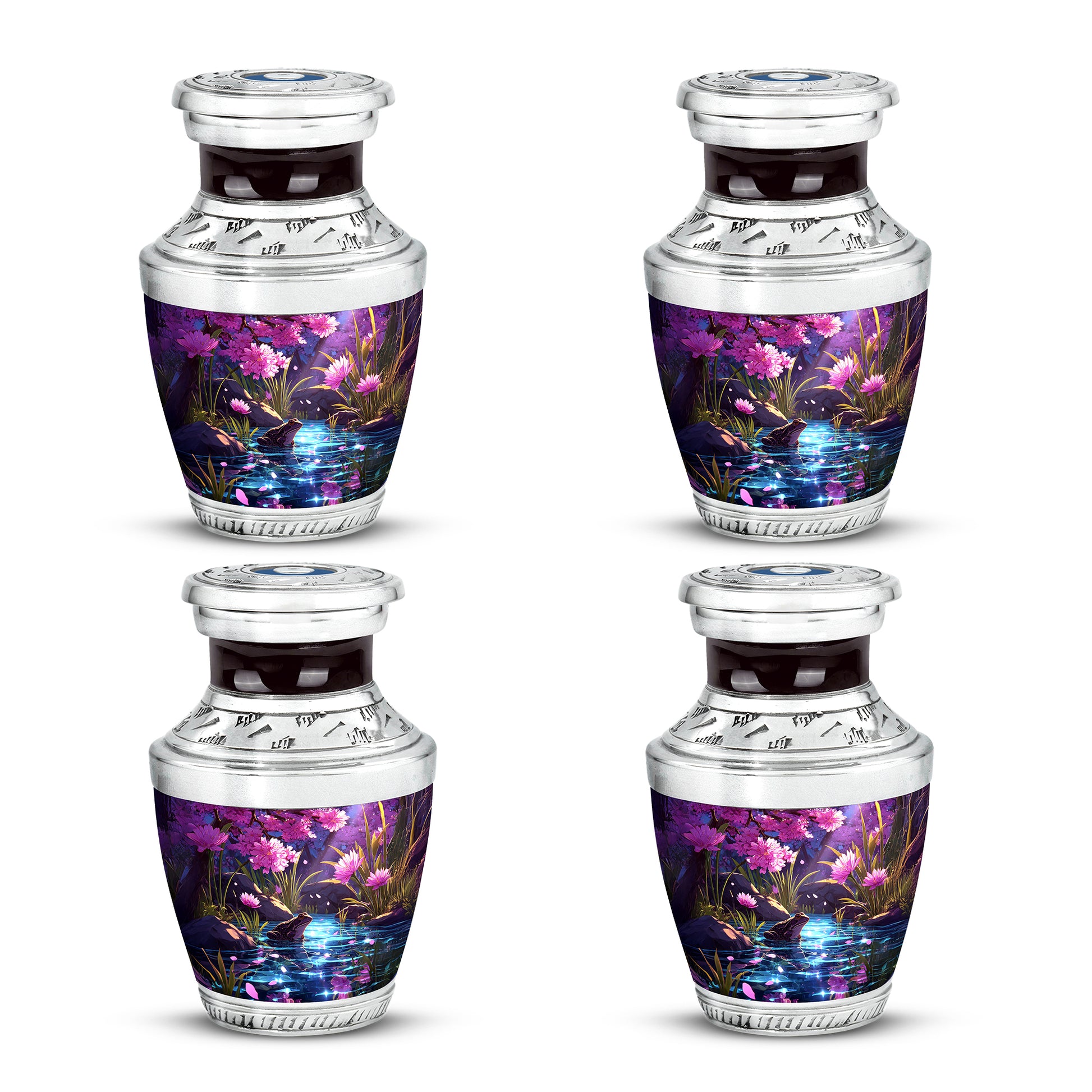 Vintage Pink Frog Cremation Urn back view with polished surface - stylized abstract frog pattern with bold lines - 10 inch aluminum urn for cremated remains