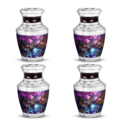 Vintage Pink Frog Cremation Urn back view with polished surface - stylized abstract frog pattern with bold lines - 10 inch aluminum urn for cremated remains