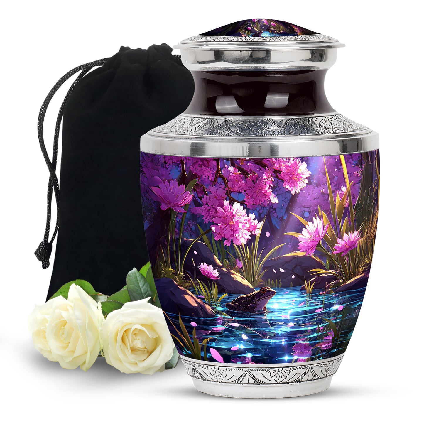 Peony Pink Frog Cremation Urn side profile showing urn shape - modern art-inspired frog motif on sleek aluminum - full-size 10 inch 200 cubic inch adult cremation urn