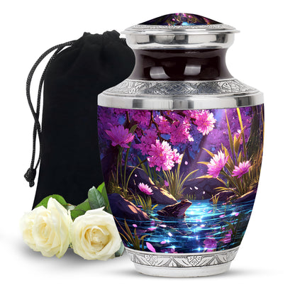 Peony Pink Frog Cremation Urn side profile showing urn shape - modern art-inspired frog motif on sleek aluminum - full-size 10 inch 200 cubic inch adult cremation urn